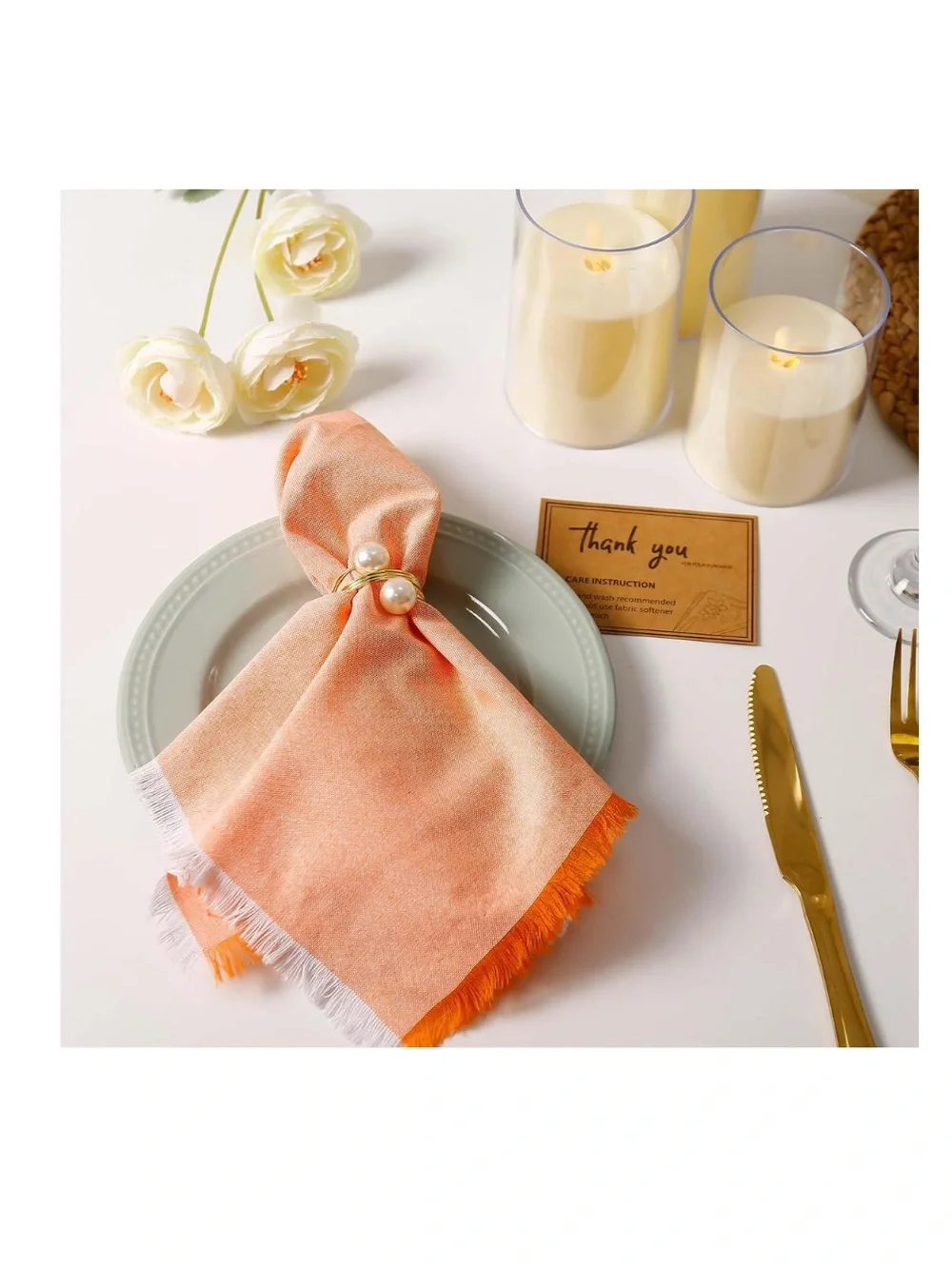 Set of 8 Cloth Napkins with Fringe Trim 100% Washed Cotton SQUARE 18x18” ORANGE
